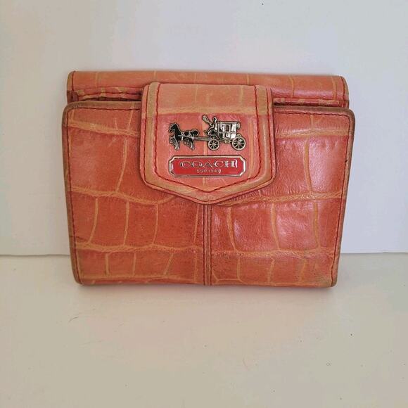 Coach Croc Wallet Medium Bifold Red Folding Leather Carriage Logo Folding - Picture 1 of 14